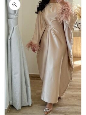 Elegant Feather-Cuff Maxi Dress kaftan in Blush Cream